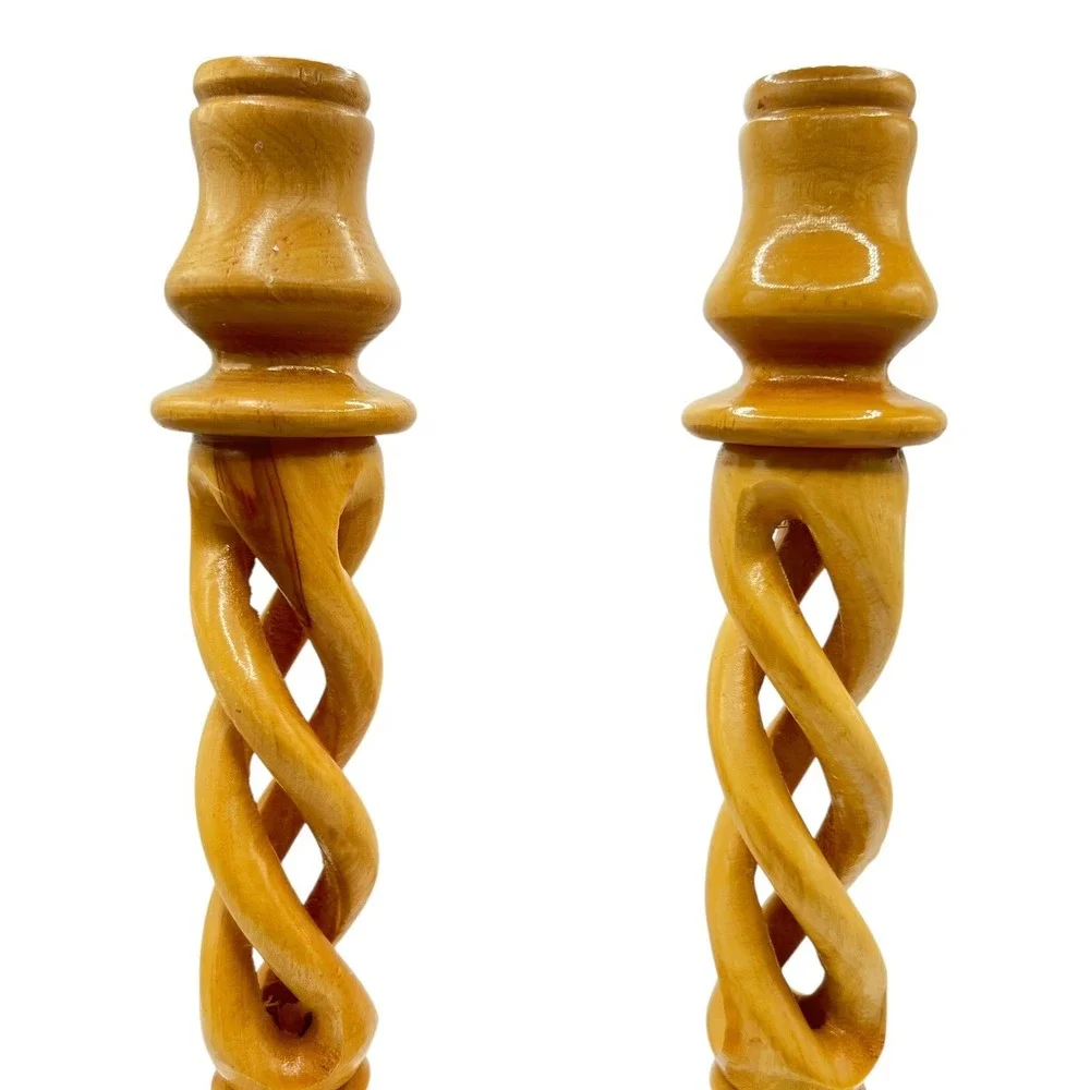 Vintage Candlestick Holders Olive Wood Twisted Spiral 9